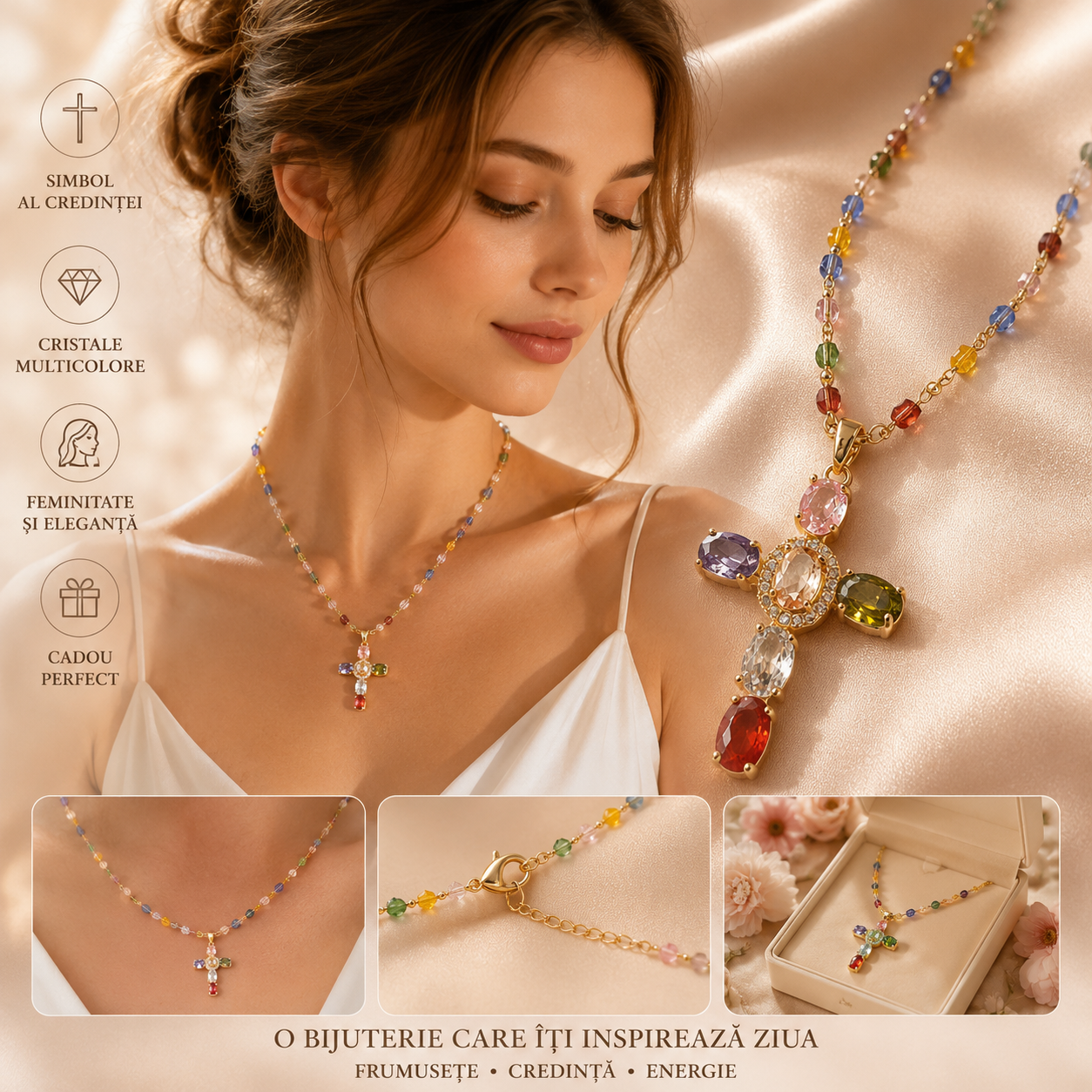 Lănțișor Sfant cu Cruciuliță și Cristale Multicolore — Credință, Feminitate și Culoare în Fiecare Zi