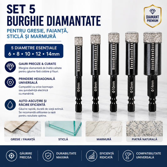 Set 5 Burghie Diamantate — pentru Gresie, Faianță, Sticlă și Marmură, Diametre 6-8-10-12-14mm