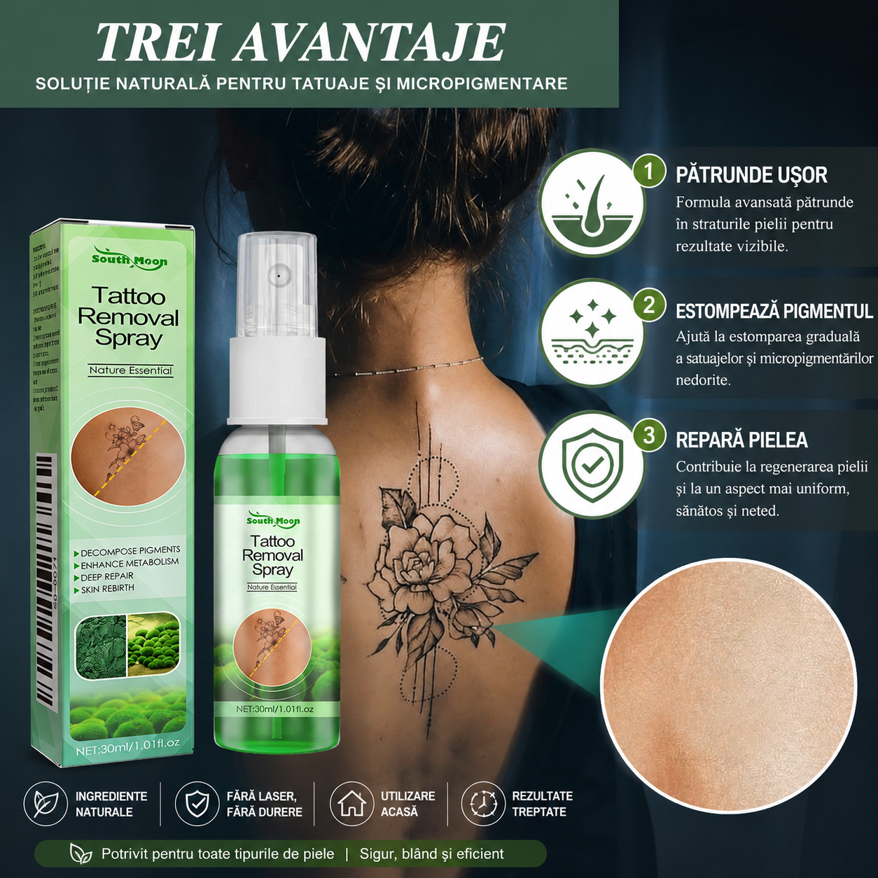 Spray Natural pentru Estomparea Tatuajelor și a Micropigmentării — Fără Laser, Fără Durere, Acasă