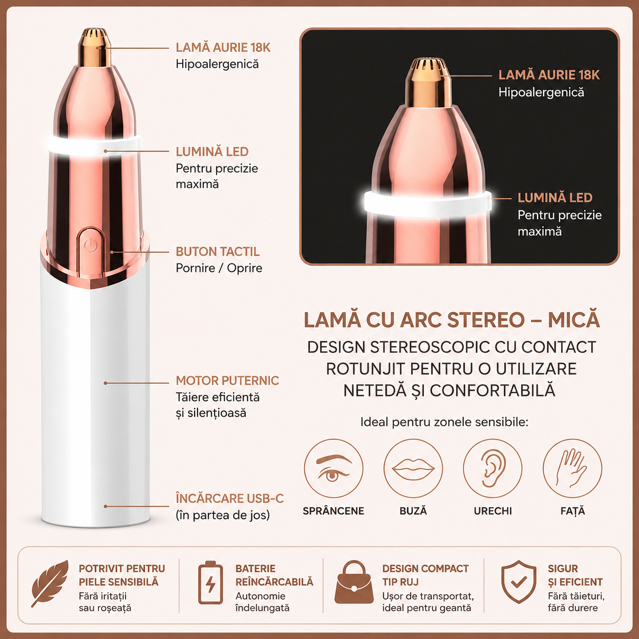 Trimmer 2 în 1 pentru Sprâncene, Nas și Păr Facial — Fără Durere, Design tip Ruj, Reîncărcabil