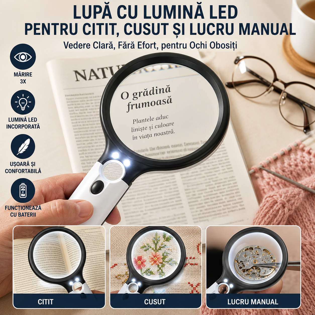 Lupă cu Lumină LED pentru Citit, Cusut și Lucru Manual — Vedere Clară, Fără Efort, pentru Ochi Obosiți