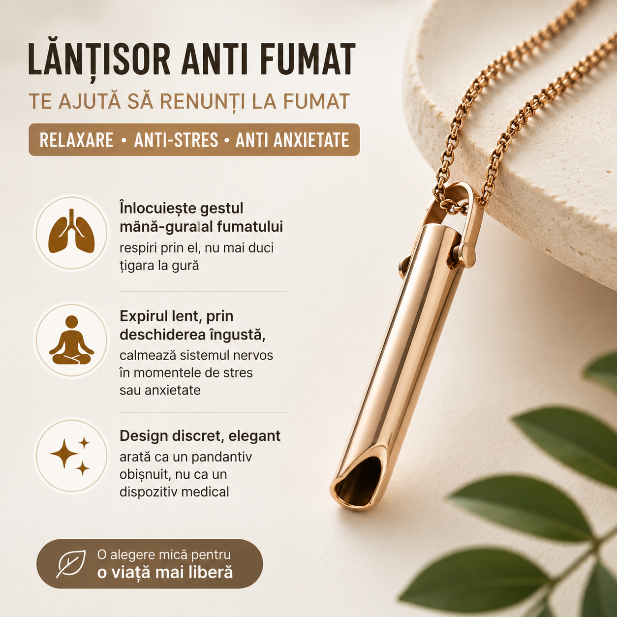 Lănțișor Anti Fumat si Vapat — Te Ajută să Renunți la Fumat, Relaxare, Anti-Stres si Anti Anxietate