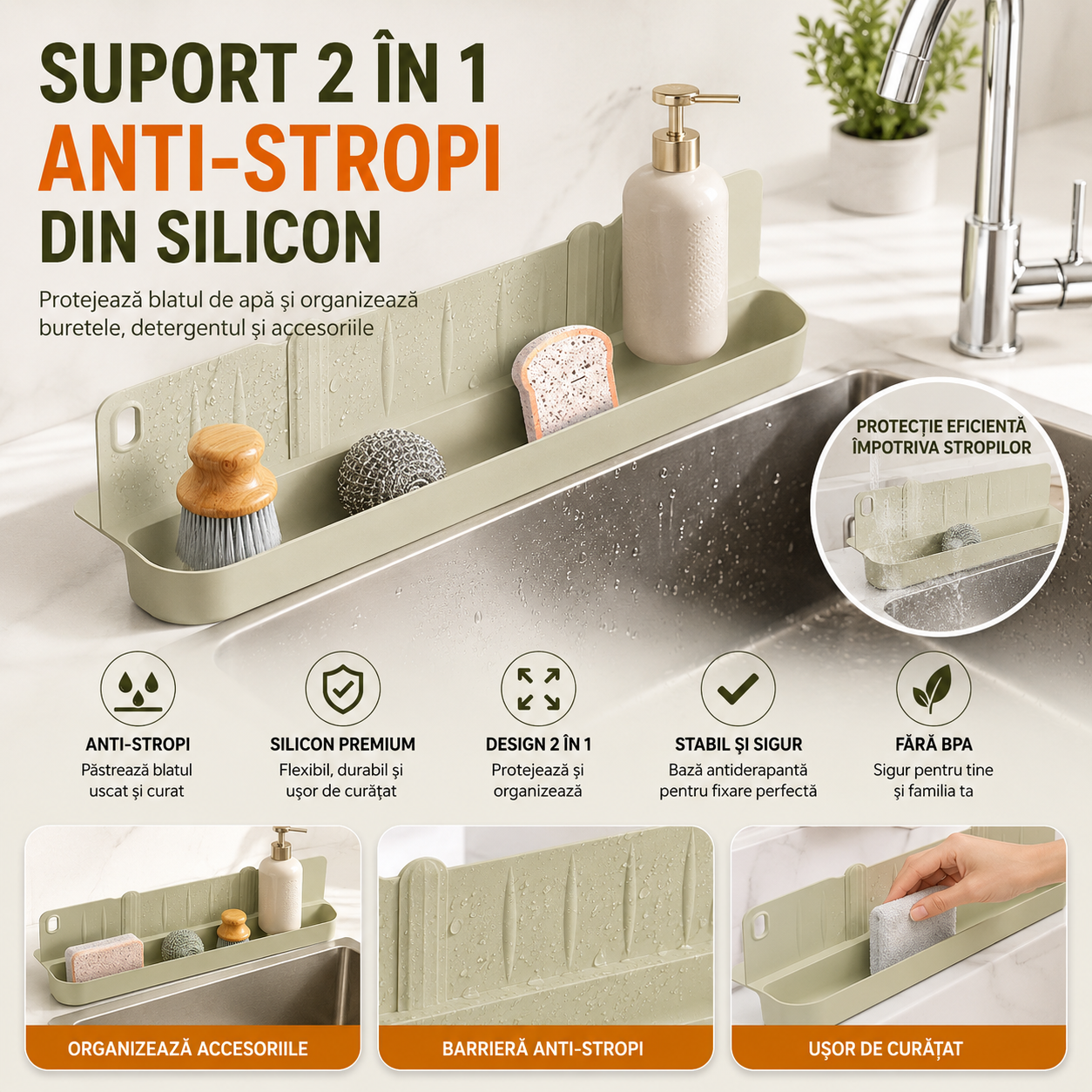 Suport 2 in 1 Anti-Stropi din Silicon — Protejează Blatul de Apă și Organizează Buretele, Detergentul și Accesoriile
