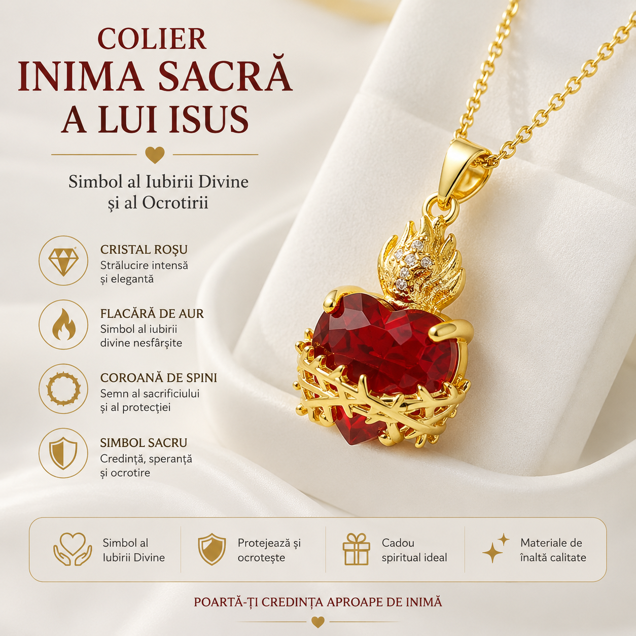 Colier Inima Sacră a lui Isus 18K — Cristal Roșu, Flacără de Aur și Coroană de Spini, Simbol al Iubirii Divine și al Ocrotirii