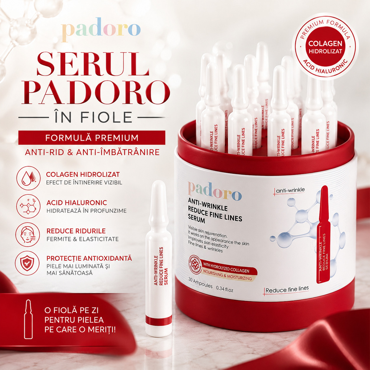 Serul Padoro în Fiole — Formula Premium Anti-Rid si Anti-Imbatranire cu Colagen Hidrolizat, O Fiolă pe Zi pentru Pielea pe Care o Meriți