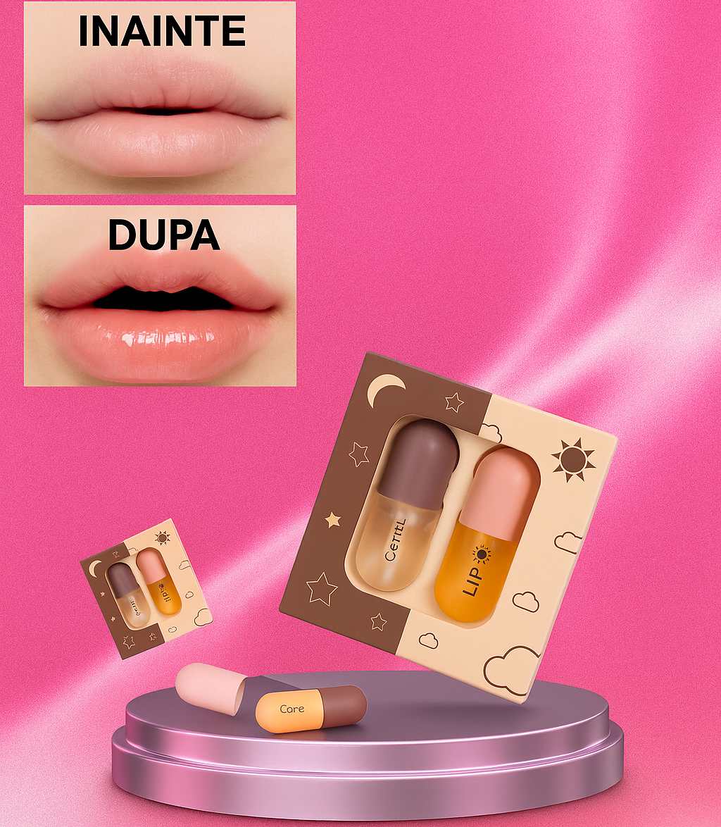 Set 2 Balsamuri de Buze pentru Volum – Buze mai Voluminoase, Hidratate și Frumoase ( Zi + Noapte )