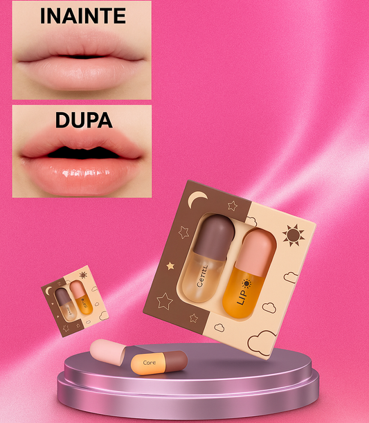 Set 2 Balsamuri de Buze pentru Volum – Buze mai Voluminoase, Hidratate și Frumoase ( Zi + Noapte )