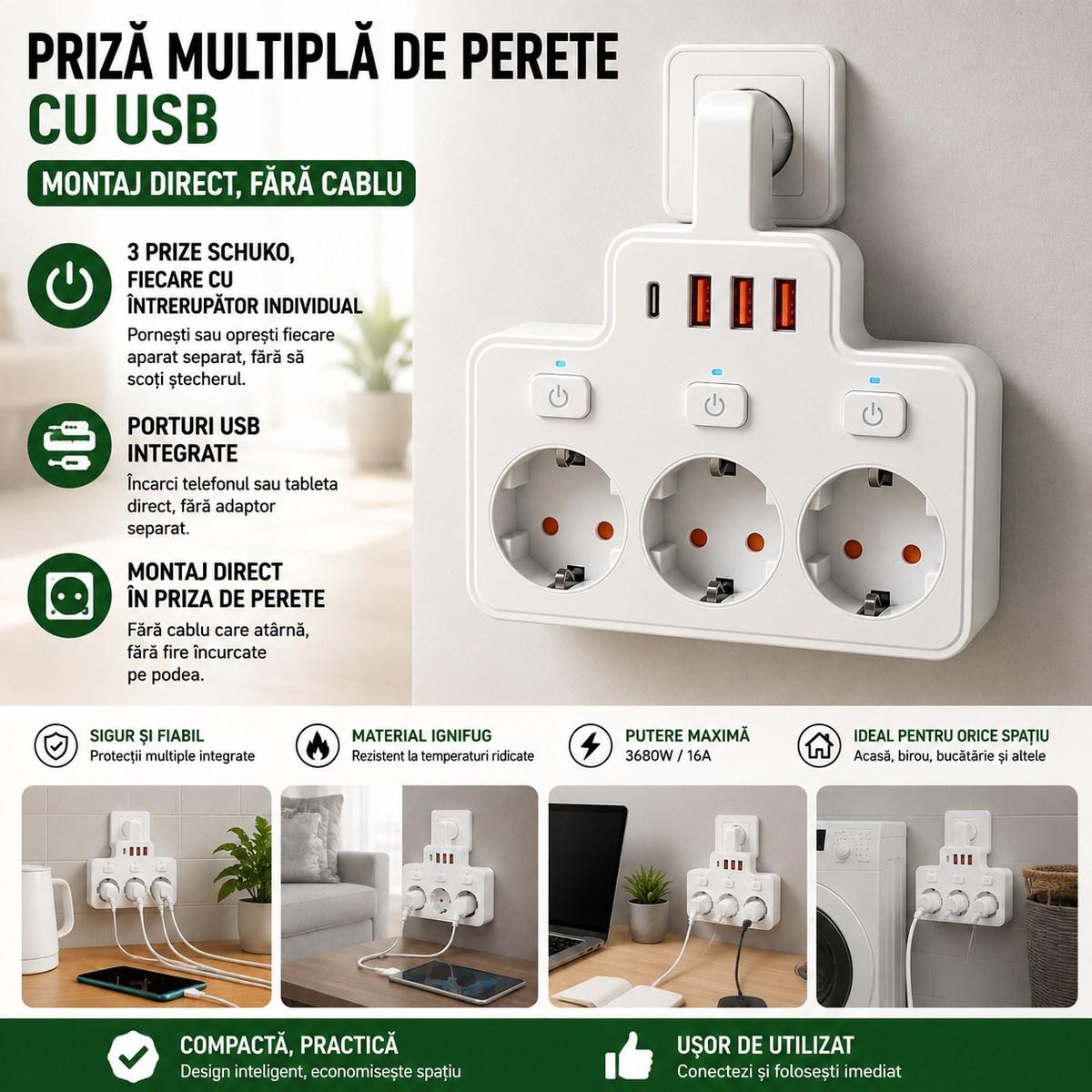 Priză Multiplă de Perete cu USB — Montaj Direct, Fără Cablu, 3 Prize + Porturi USB