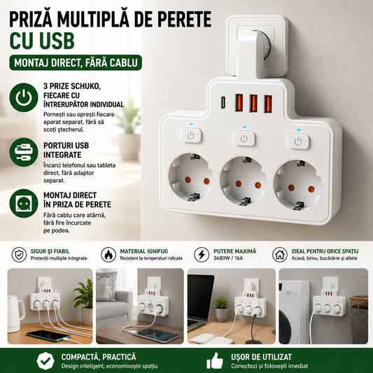 Priză Multiplă de Perete cu USB — Montaj Direct, Fără Cablu, 3 Prize + Porturi USB