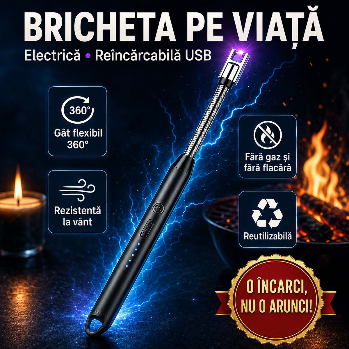 Brichetă electrică reîncărcabilă cu USB, cu gât lung și flexibil 360