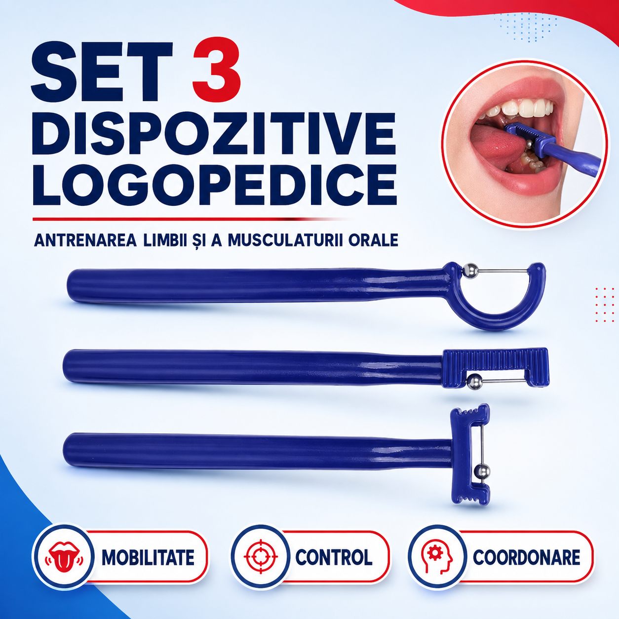 Set 3 dispozitive pentru antrenarea limbii și a musculaturii orale
