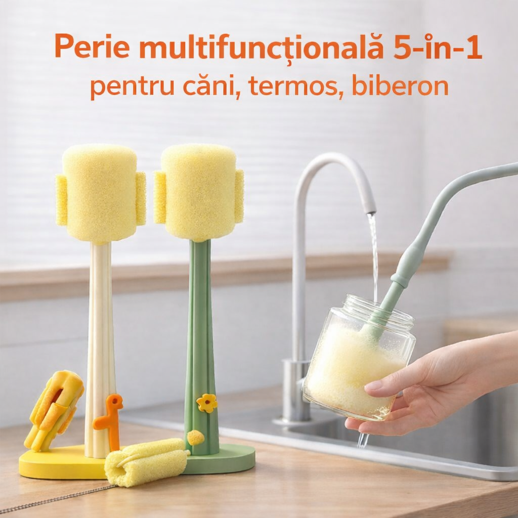 Perie multifuncțională 5-în-1 pentru căni, termos, biberon