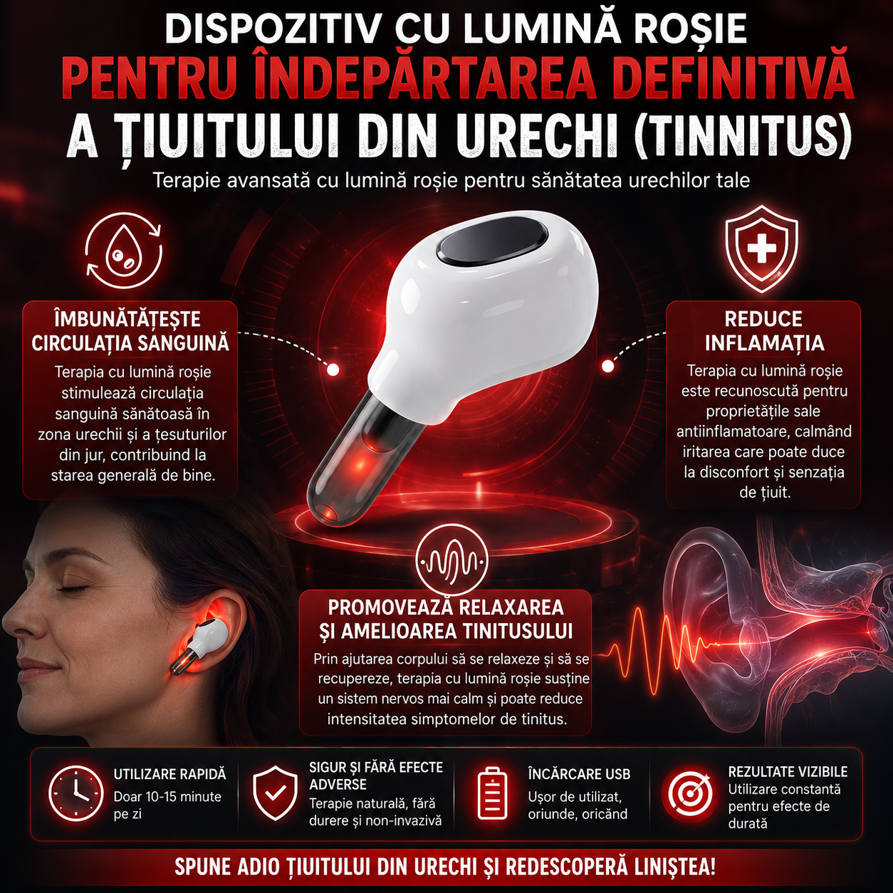 Dispozitiv cu Lumină Roșie pentru indepartarea definitiva a Tiuitului Din Urechi (Tinitus)