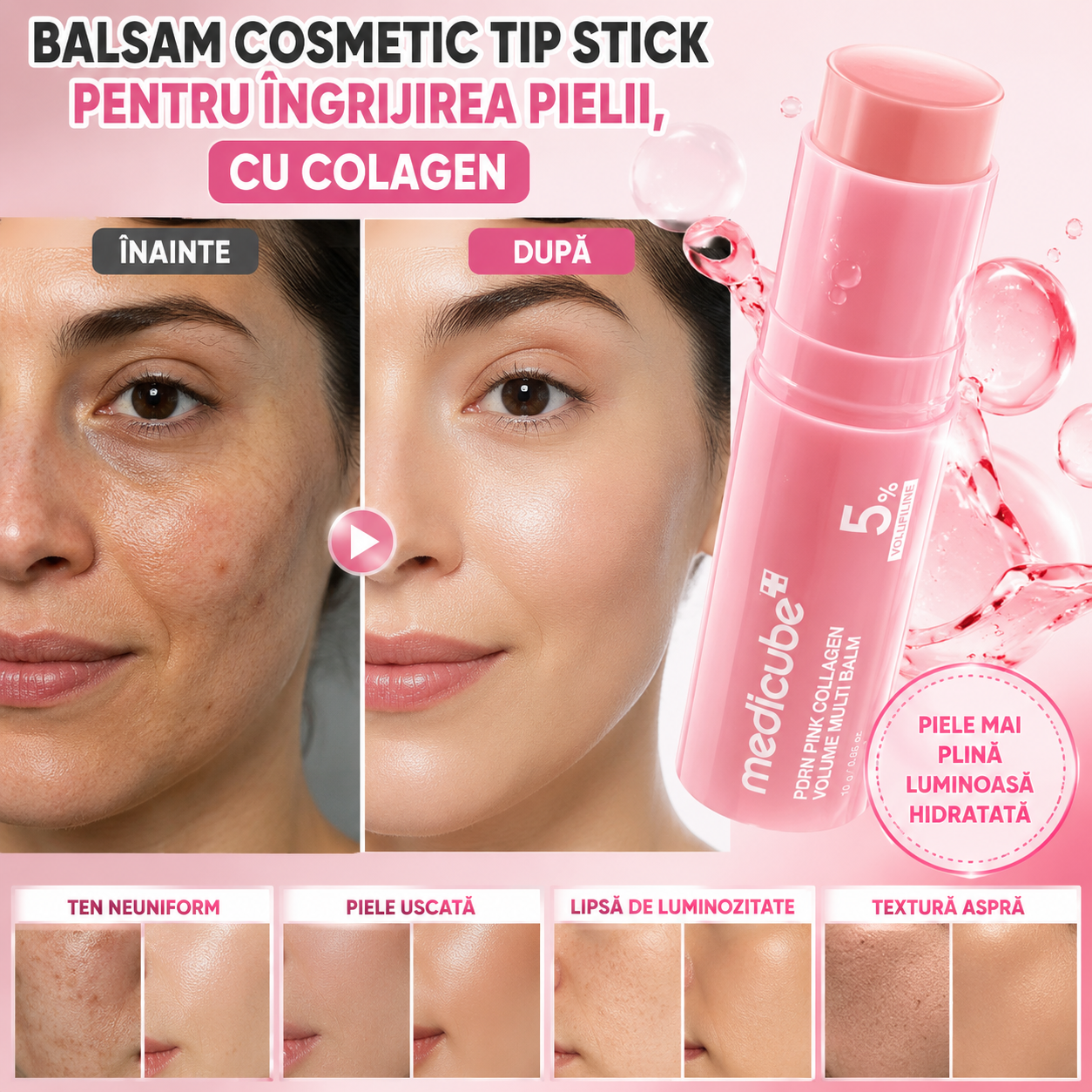 Balsam cosmetic tip stick pentru îngrijirea pielii, cu colagen