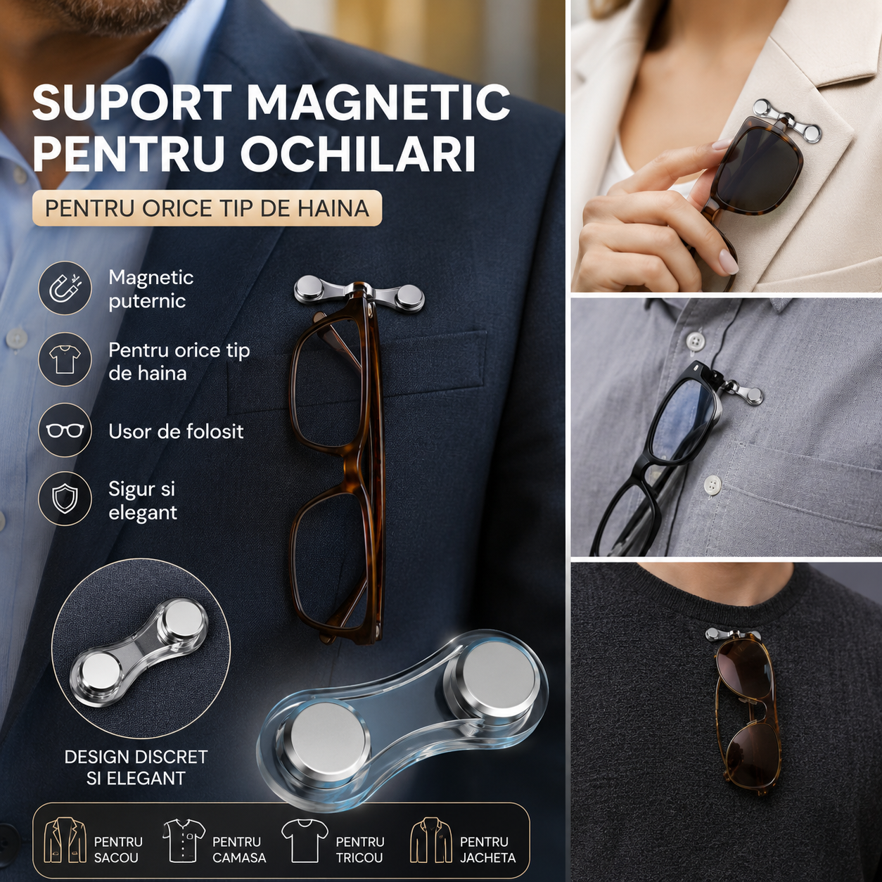Suport magnetic pentru ochelari - Pentru orice tip de haina