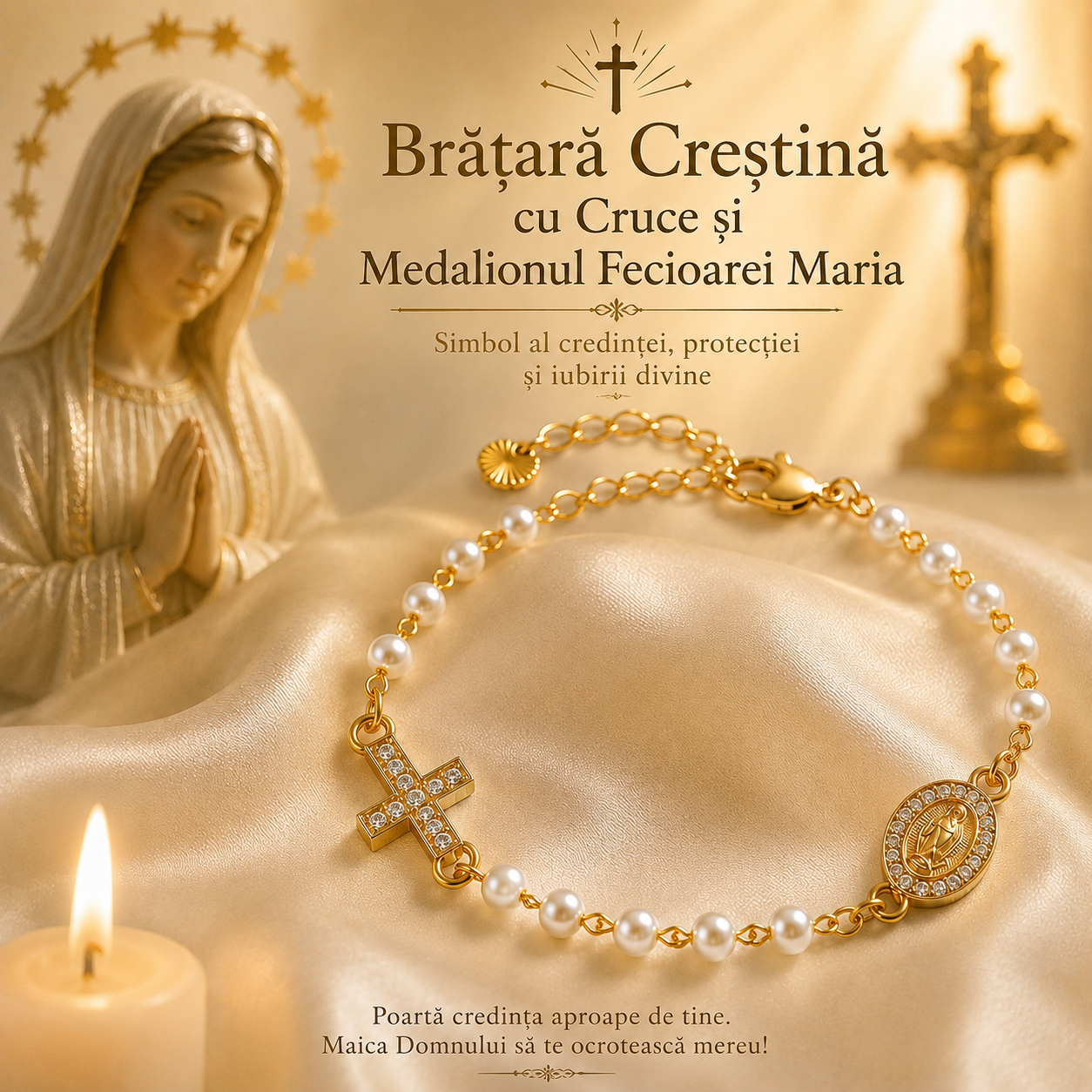 Brățară Creștină cu Cruce și Medalionul Fecioarei Maria