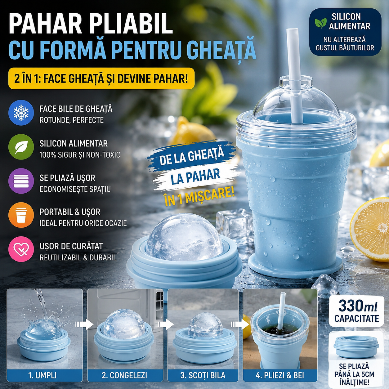 Pahar Pliabil cu Formă pentru Gheață ( 330ml )