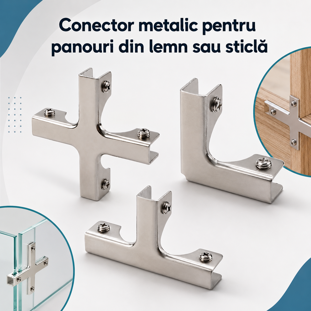 Conector metalic pentru panouri din lemn sau sticla