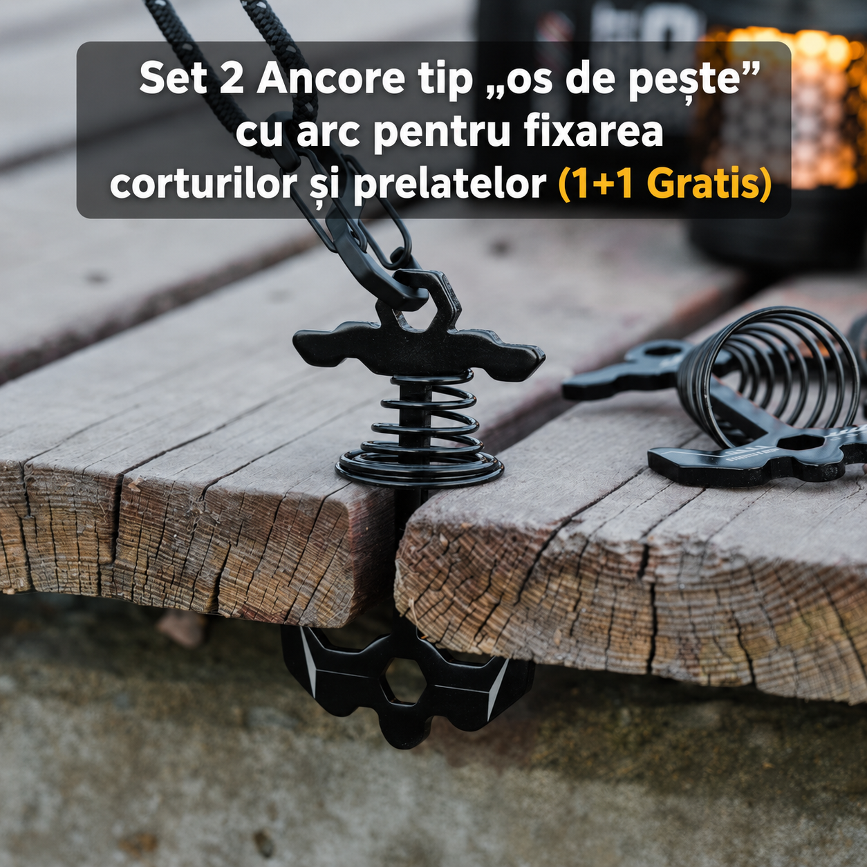 Set 2 Ancore tip „os de pește” cu arc pentru fixarea corturilor și prelatelor (1+1 Gratis)