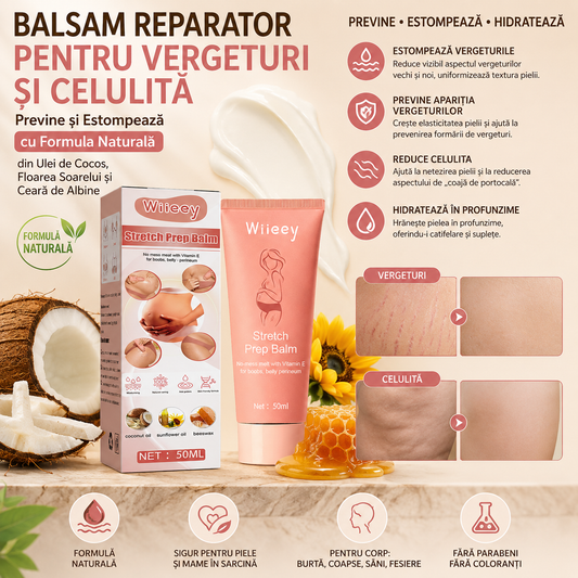 Crema tip Balsam Reparator pentru Vergeturi si Celulita— Previne și Estompează cu Formula Naturală din Ulei de Cocos, Floarea Soarelui și Ceară de Albine