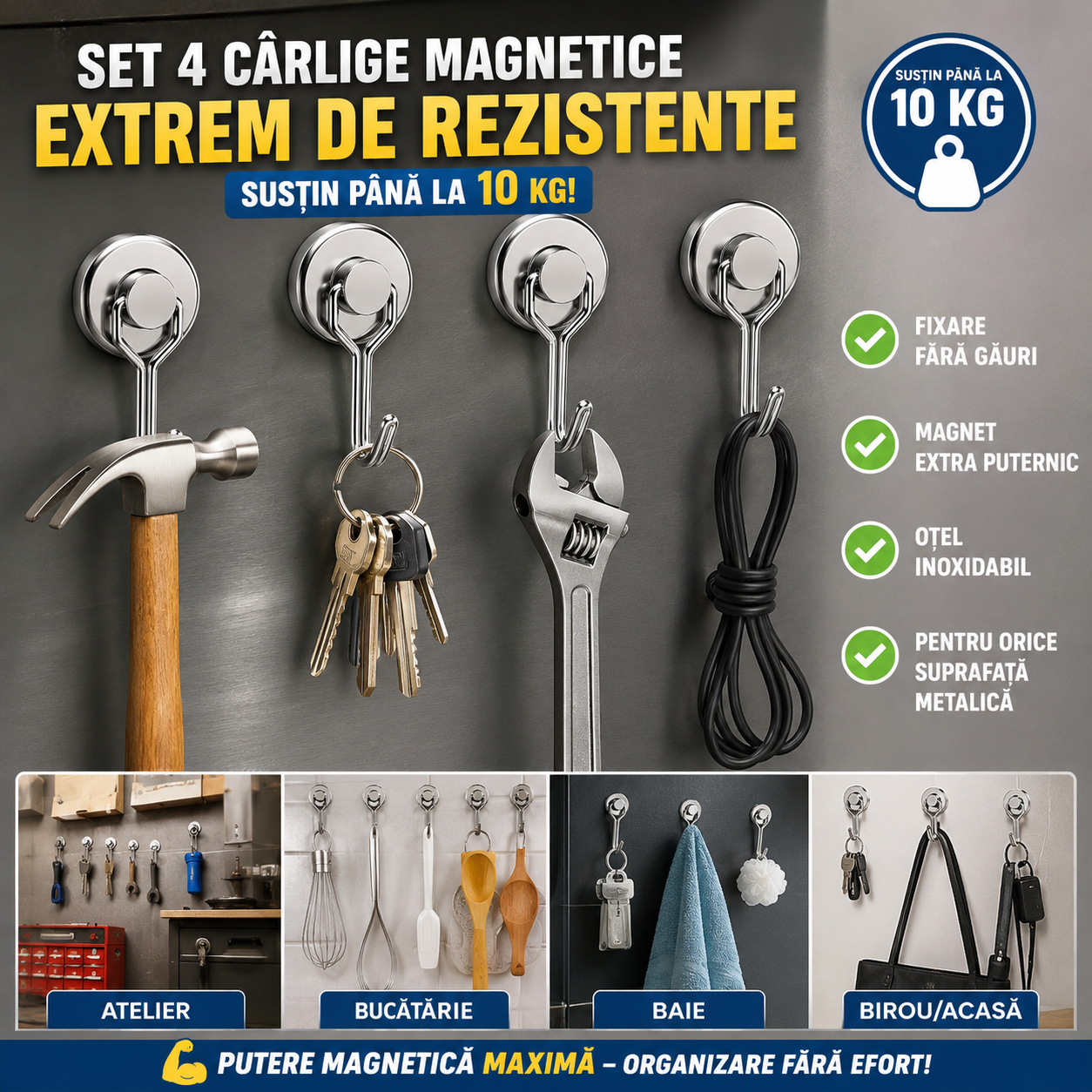 Set 4 Bucati Carlige Magnetice Extrem De Rezistente ( Sustin pana la 10 kg)