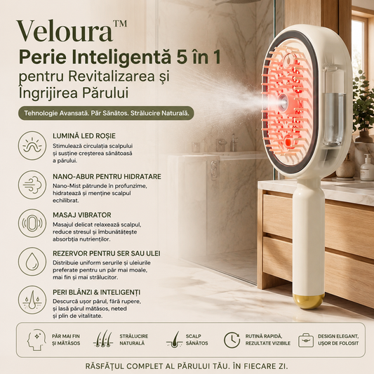 Veloura™ – Perie Inteligentă 5 în 1 pentru Revitalizarea și Îngrijirea Părului, Incarcare USB