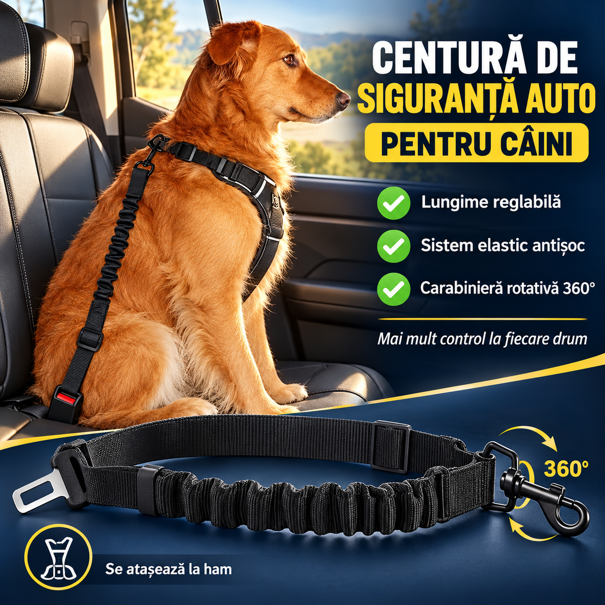Centură de Siguranță Auto pentru Câini – Reglabilă, cu Sistem Elastic Antișoc și Carabinieră Rotativă 360°