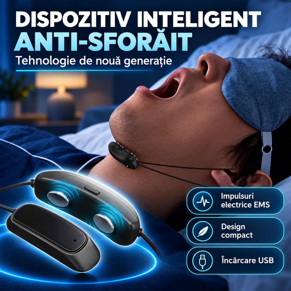 Dispozitiv Inteligent Anti-Sforăit de Ultimă Generație – Cu Impulsuri Electrice EMS și Încărcare USB