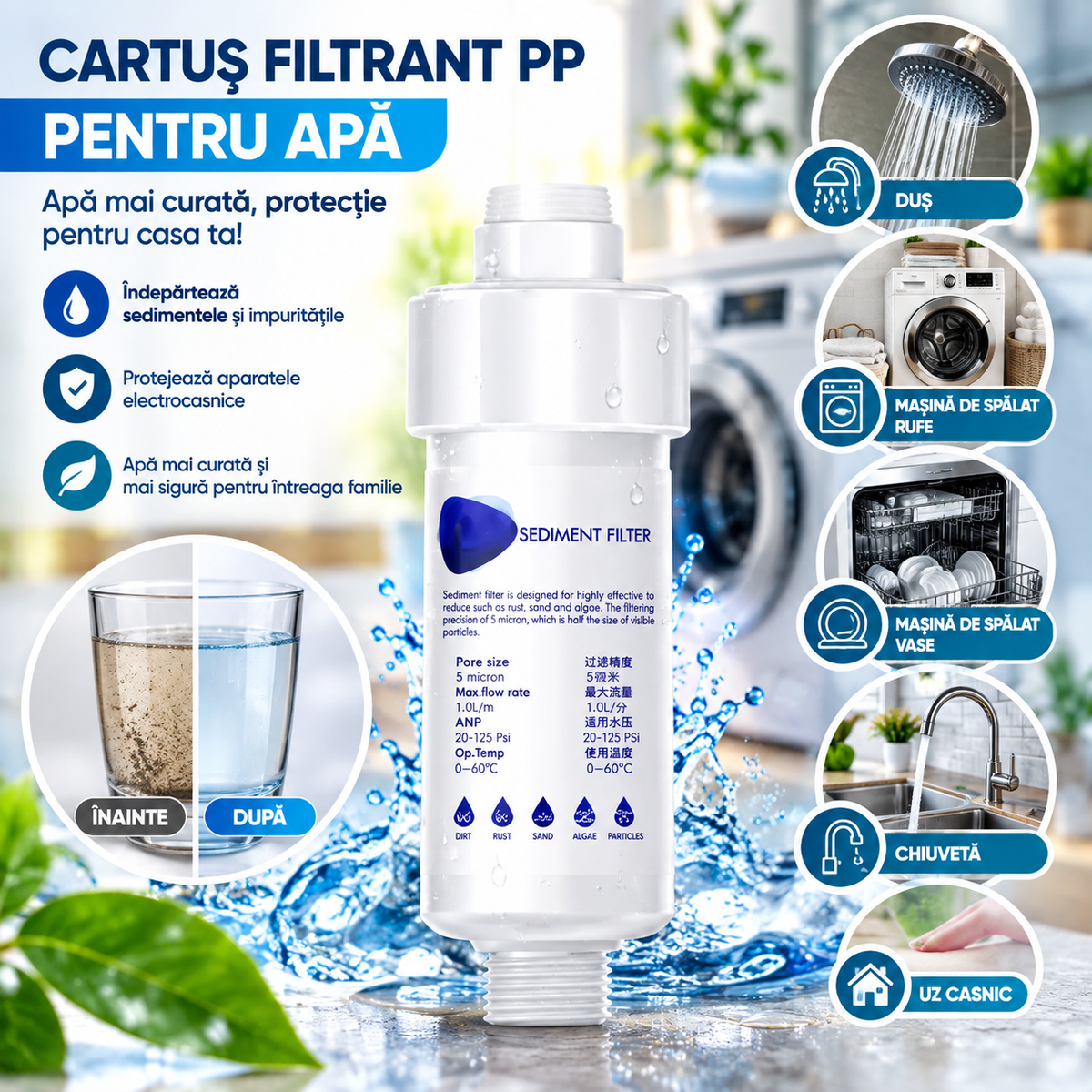 Cartuș Filtrant PP pentru Apă – Filtru Sedimente pentru Dus, Mașină de Spălat Haine Sau Vase, Chiuveta și Uz Casnic