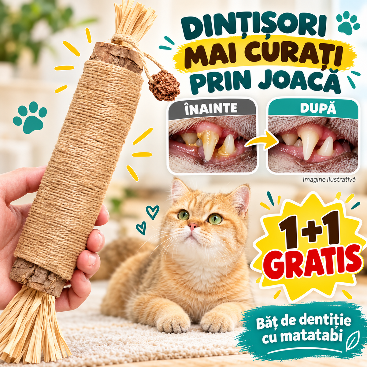 Băț de Dentiție pentru Pisici cu Matatabi – Ajută la Curățarea Dinților în Timpul Jocului | 1+1 GRATIS