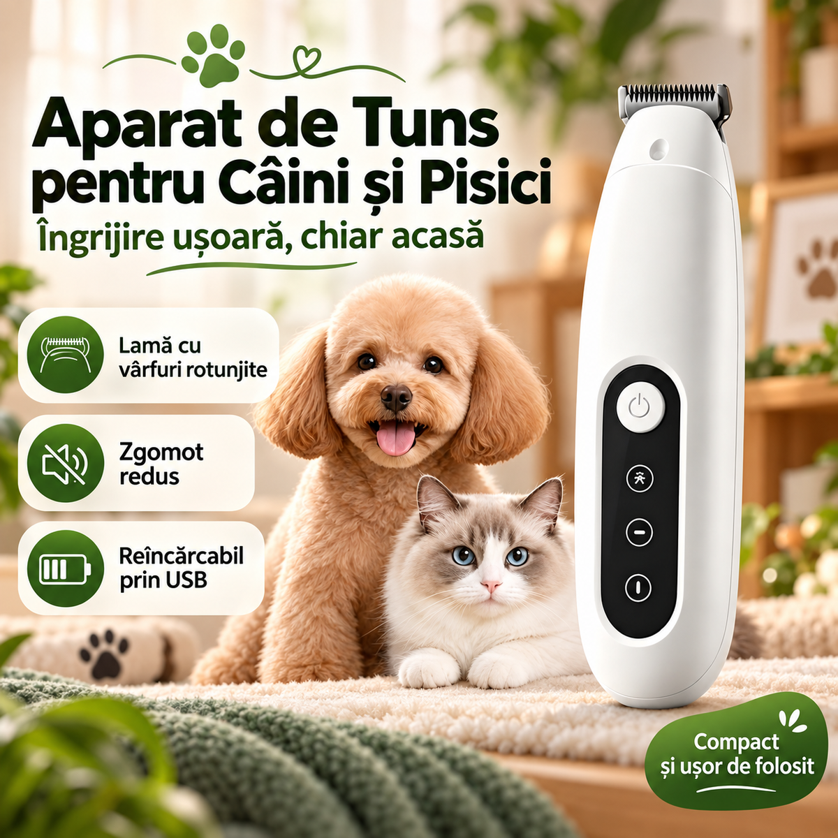 Aparat de Tuns pentru Câini și Pisici – Reîncărcabil prin USB