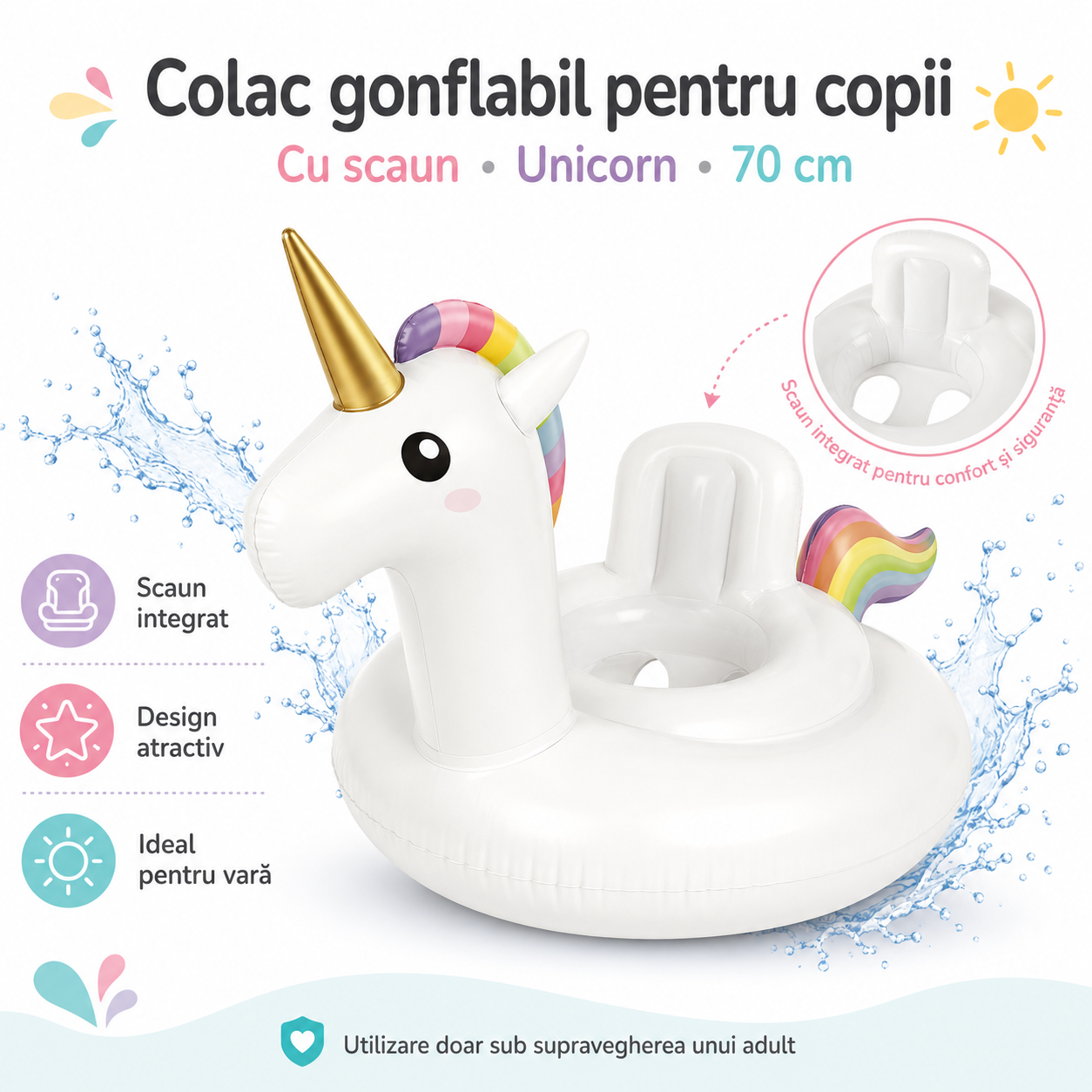 Colac Gonflabil pentru Copii cu Scaun – Model Unicorn, 70 cm