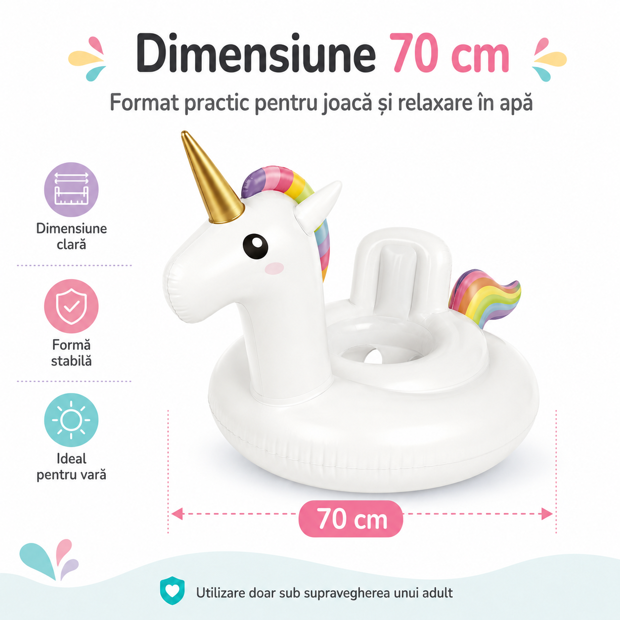 Colac Gonflabil pentru Copii cu Scaun – Model Unicorn, 70 cm