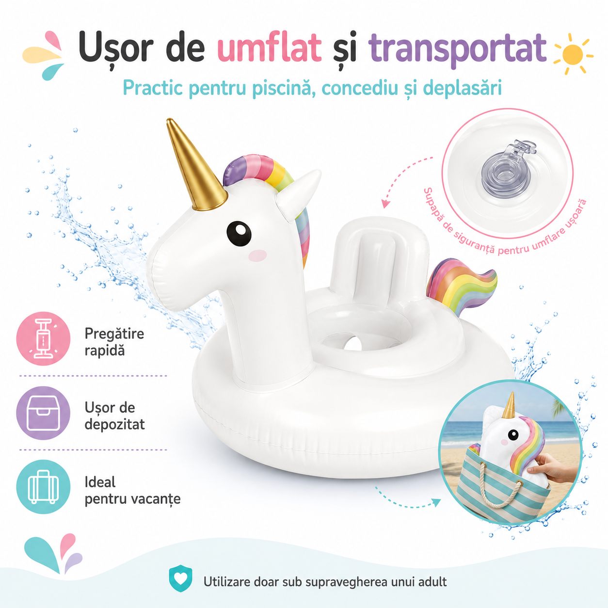 Colac Gonflabil pentru Copii cu Scaun – Model Unicorn, 70 cm