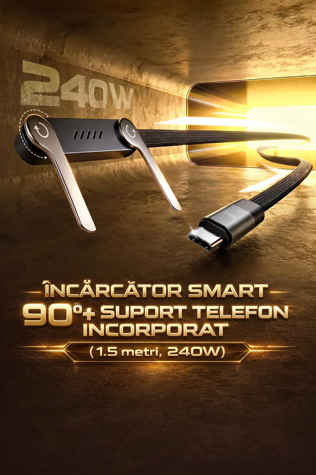 Încărcător Smart 90°+ Suport Telefon Incorporat ( 1.5 metri, 240W ) - Pentru orice model de telefon cu Type C