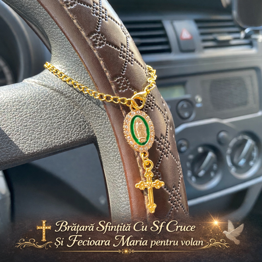 Brățară Cu Sf. Cruce Și Fecioara Maria Aurie, special creată pentru volanul mașinilor!