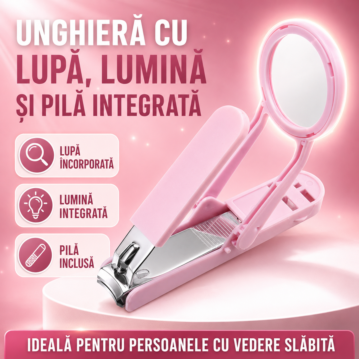 Unghieră cu Lupă, Lumină și Pilă Integrată – Ideală pentru Persoanele cu Vedere Slăbită