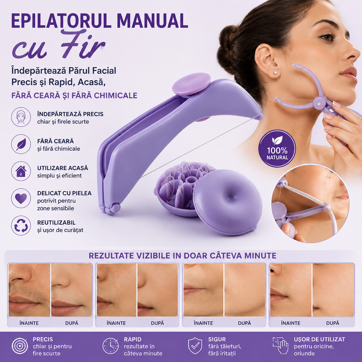 Epilatorul Manual cu Fir — Îndepărtează Părul Facial Precis și Rapid, Acasă, Fără Ceară și Fără Chimicale