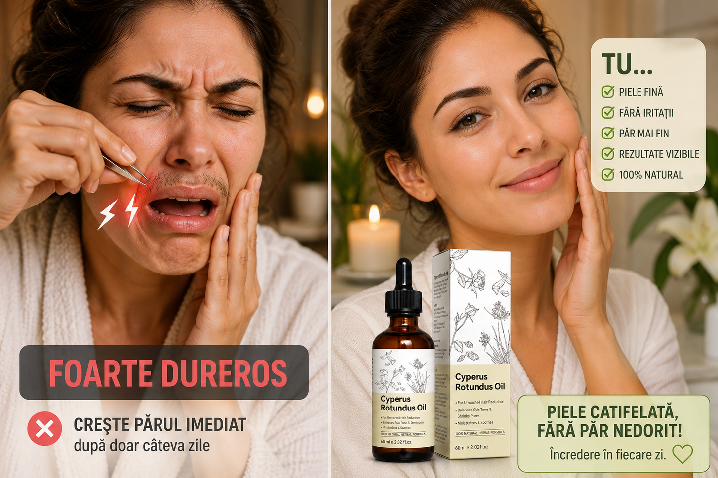Ulei pentru Epilare Definitivă cu Cyperus Rotundus – 100% Formulă Naturală, 60 ml