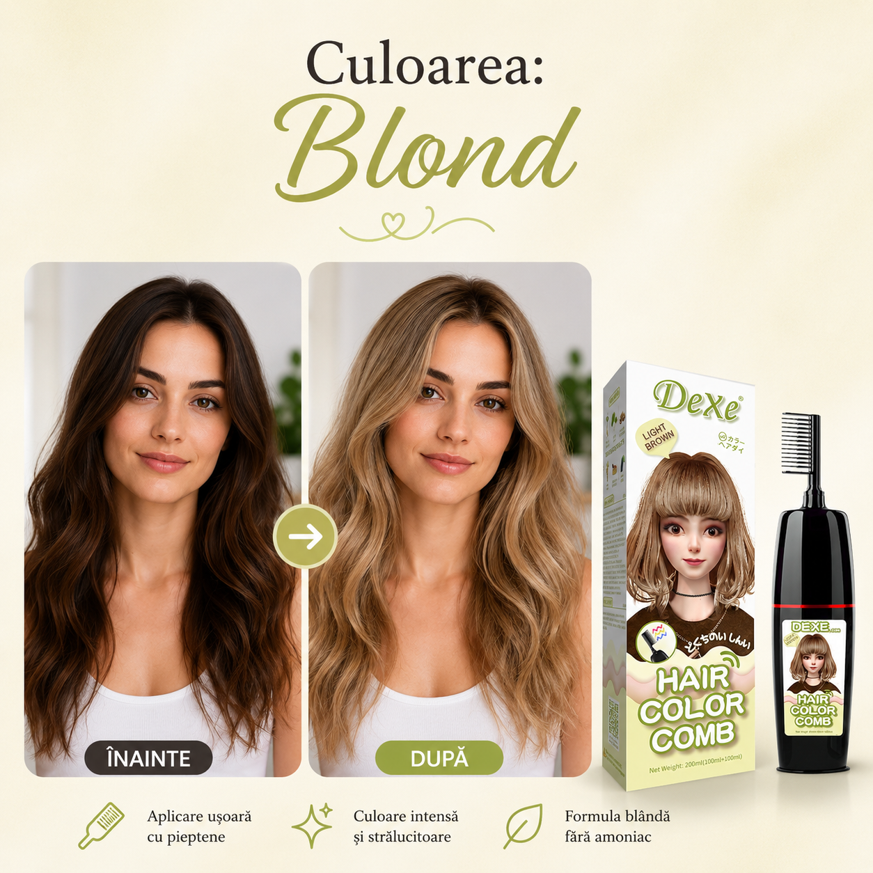 Vopsea de Păr cu Aplicator Tip Pieptene – Fără Amoniac, Contine Ghimbir si Ginseng, Instant