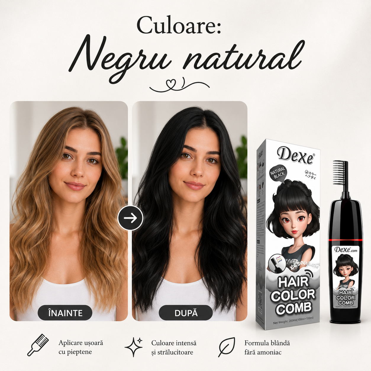 Vopsea de Păr cu Aplicator Tip Pieptene – Fără Amoniac, Contine Ghimbir si Ginseng, Instant