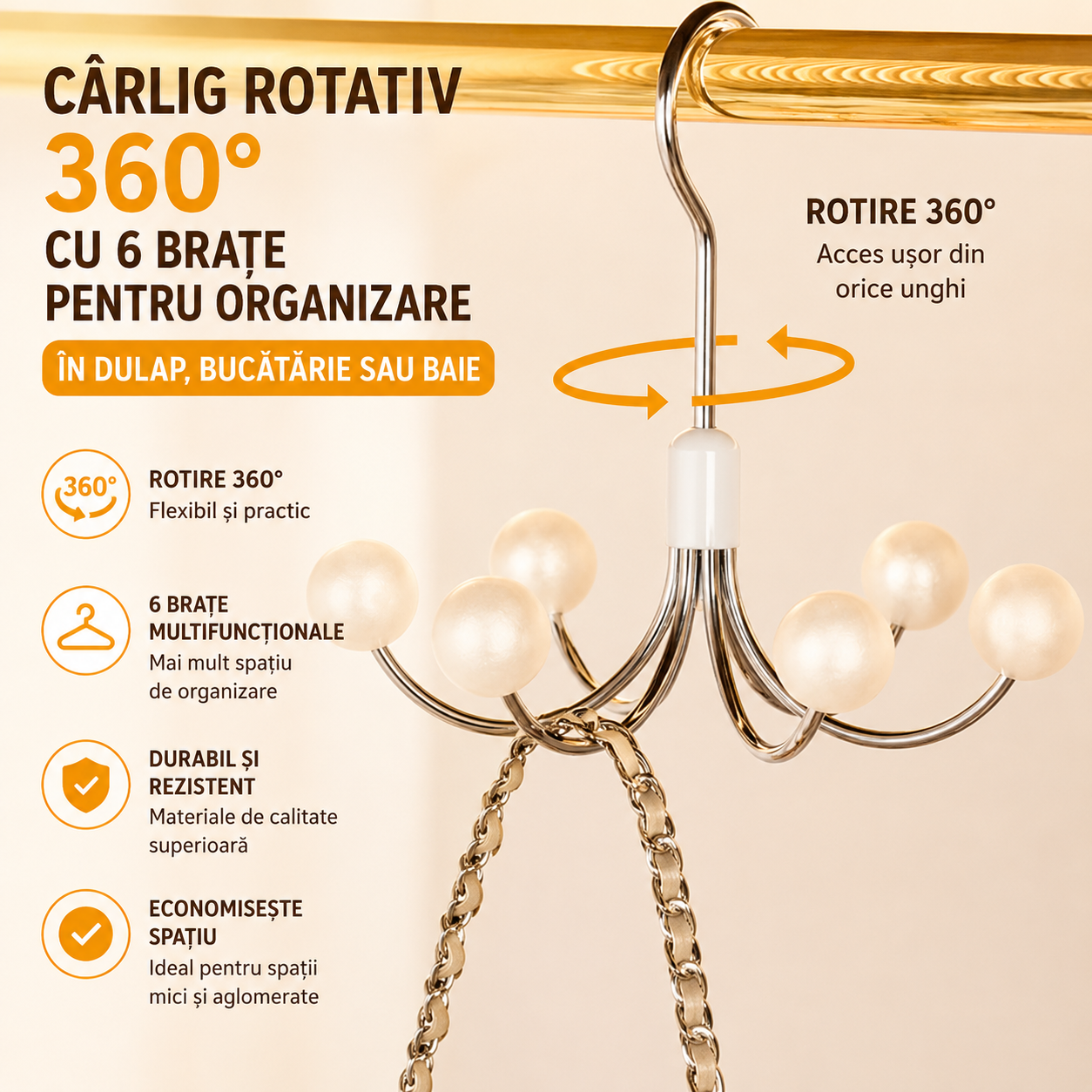 SET 1+1 GRATUIT — Cârlig Rotativ cu 6 Brațe pentru Organizare în Dulap, Bucătărie sau Baie