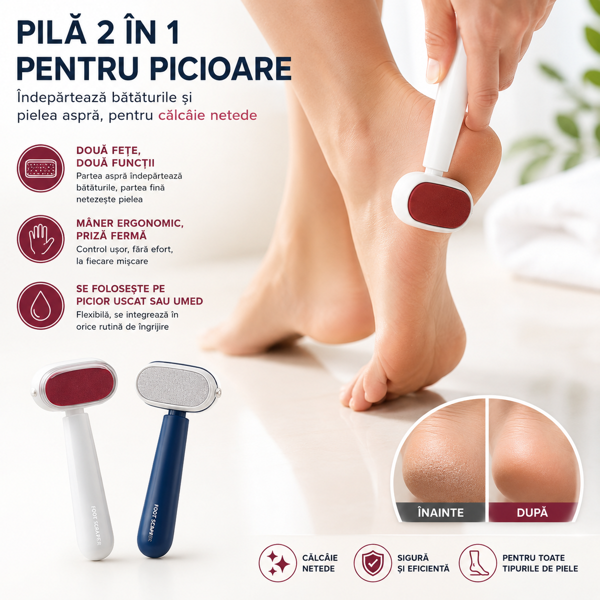 Pilă 2 în 1 pentru Picioare — Îndepărtează Bătăturile și Pielea Aspră, pentru Călcâie Netede