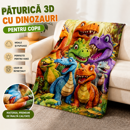 Păturica Răcoroasă 3D cu Dinozauri — Cadoul care Înnebunește Orice Copil