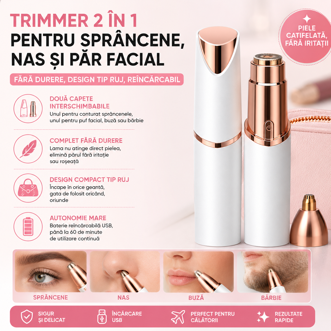 Trimmer 2 în 1 pentru Sprâncene, Nas și Păr Facial — Fără Durere, Design tip Ruj, Reîncărcabil