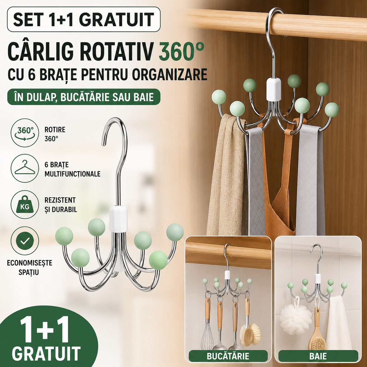 SET 1+1 GRATUIT — Cârlig Rotativ cu 6 Brațe pentru Organizare în Dulap, Bucătărie sau Baie