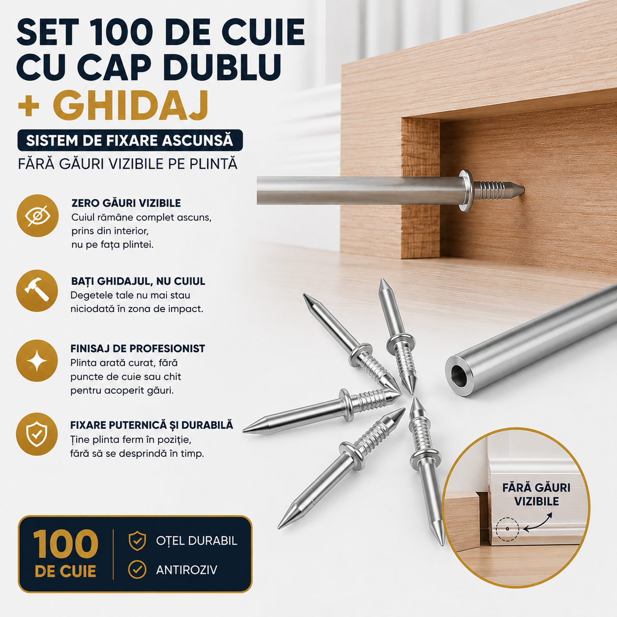 Set 100 de Cuie cu Cap Dublu + Ghidaj - Sistem de Fixare Ascunsă, Fără Găuri Vizibile pe Plintă