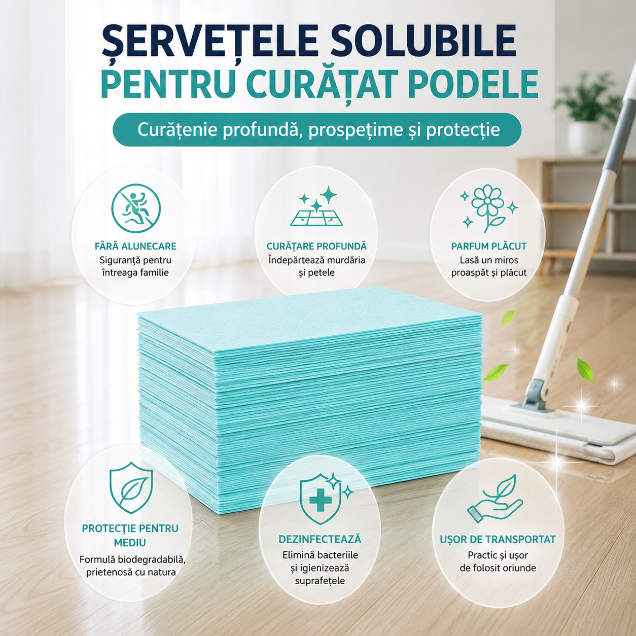 Set 30 Servetele Solubile pentru Curățat Podele — Podea Strălucitoare, Parfumată și Dezinfectată în 30 de Secunde