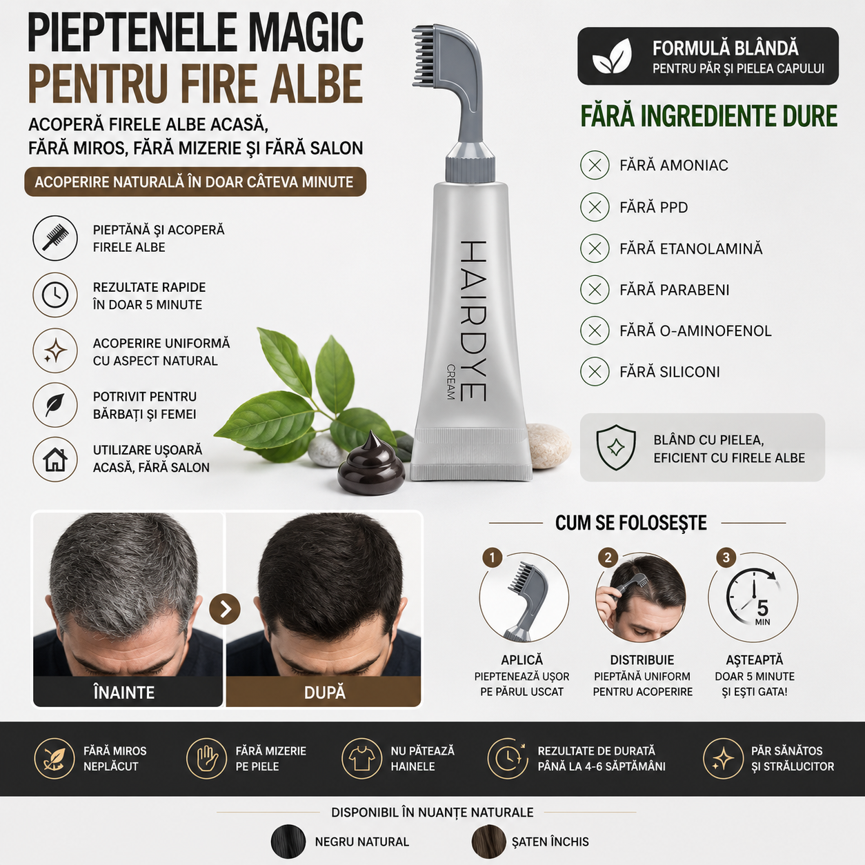 Pieptenele Magic pentru Fire Albe — Acoperă Firele Albe Acasă, Fără Miros, Fără Mizerie și Fără Salon