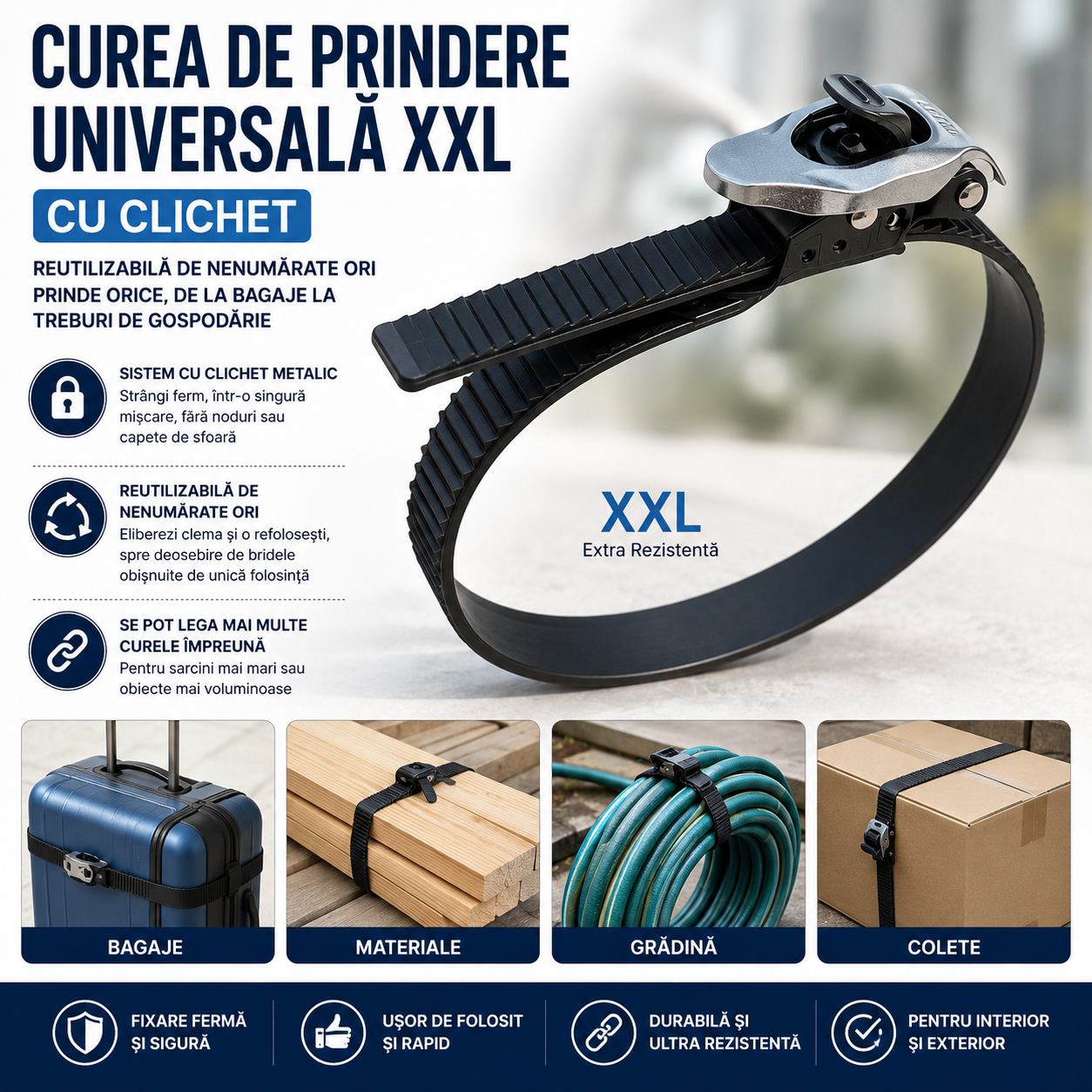 Curea de Prindere Universală XXL cu Clichet — Reutilizabilă de Nenumărate Ori, Prinde Orice, de la Bagaje la Treburi de Gospodărie 52cm